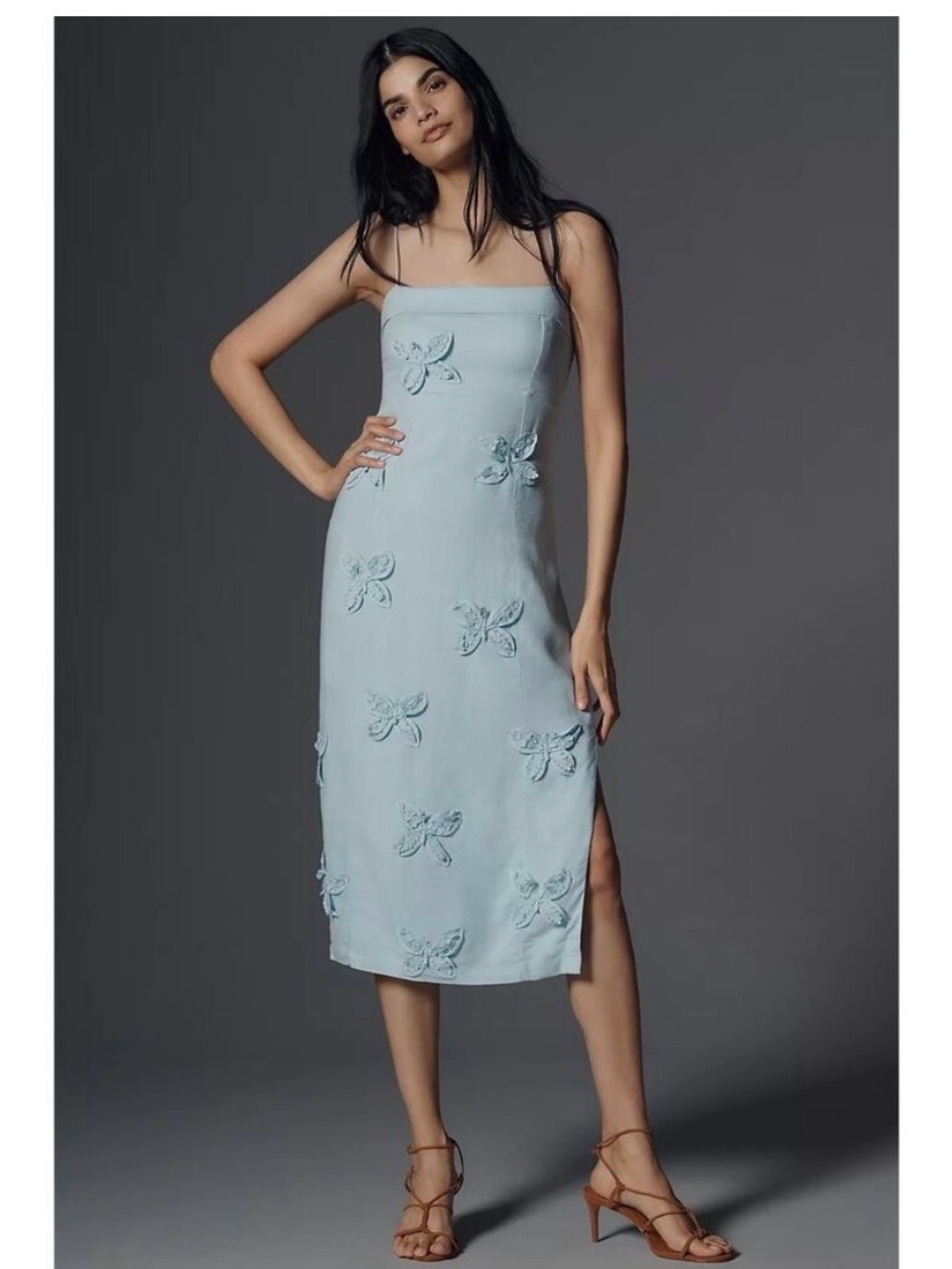 ANTHROPOLOGIE MAEVE LINEN LIGHT BLUE BUTTERFLY EMBROIDERED MAXI DRESS LARGE